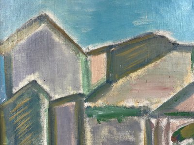 Kubistisk oliemaleri af Hanne Schou 1967 i smukke farver og gylden ramme