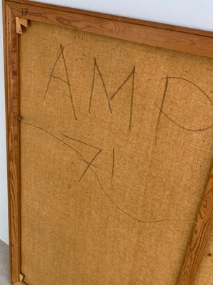 Enkelt landskabs maleri olie på lærred i klare farver i træramme sign AMP 71