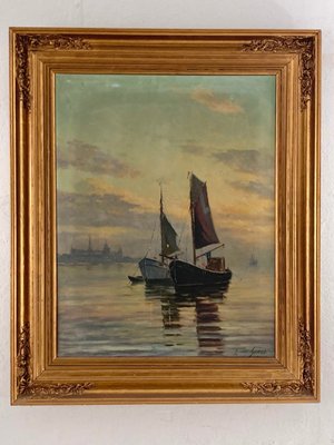 Oliemaleri aften sejlads ved Kronborg, Einar Gross 1895-1962