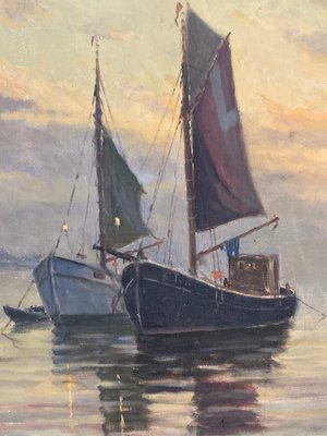 Oliemaleri aften sejlads ved Kronborg, Einar Gross 1895-1962
