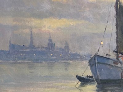 Oliemaleri aften sejlads ved Kronborg, Einar Gross 1895-1962