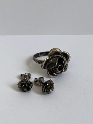 Vintage Sølv smykkesæt med roser ring og øreringe