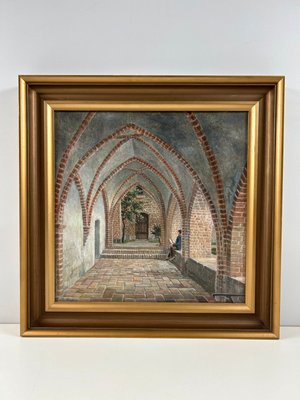 Maleri af Kirke i smuk guld ramme